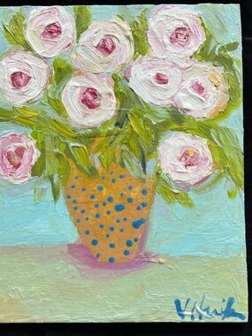 Pink Spring Peonies an Acrylic Painting On Wood Panel Original 12”x10”